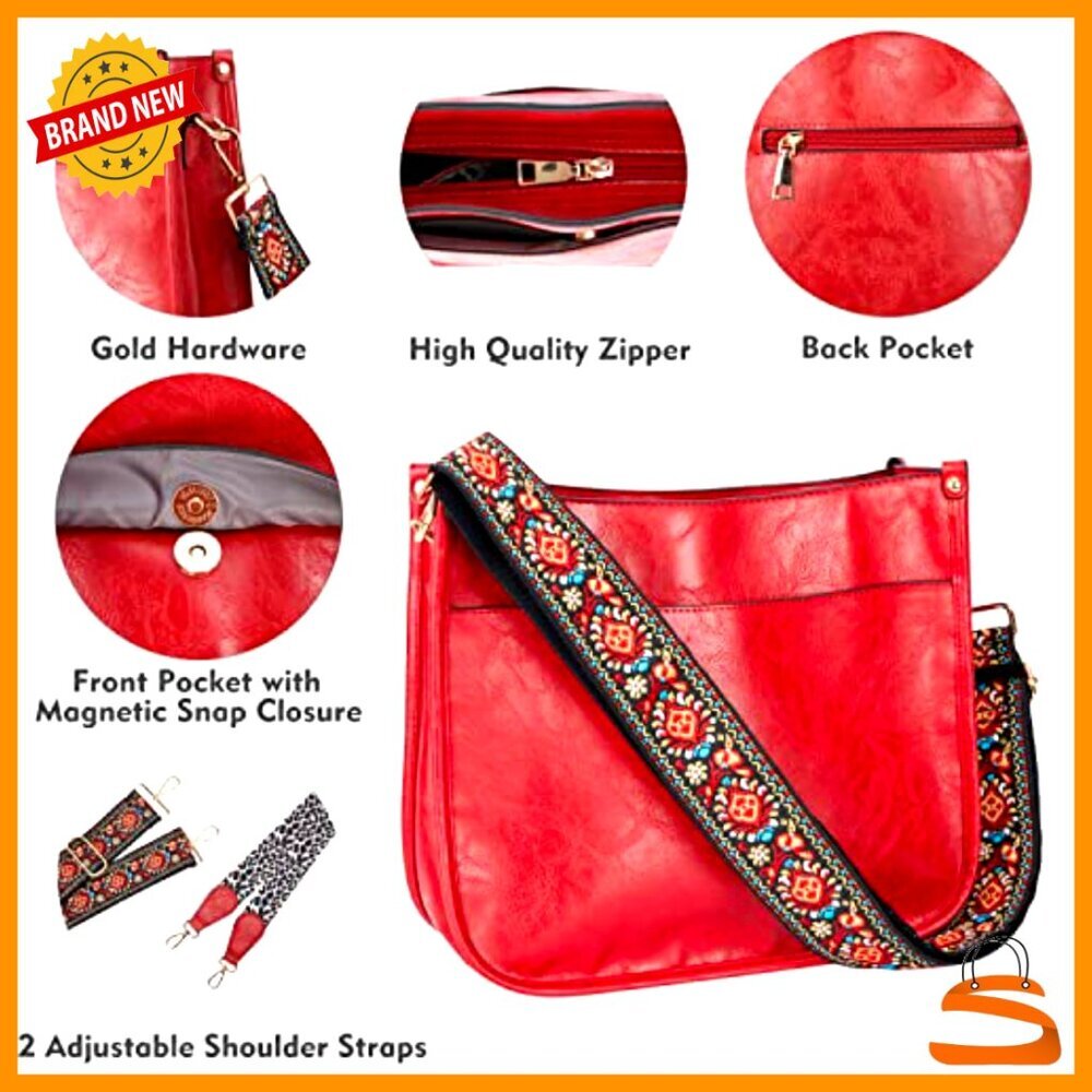 Vegan Leather Crossbody Bag With 2 Guitar Straps, 6 Pockets, Fits Ipad View 5